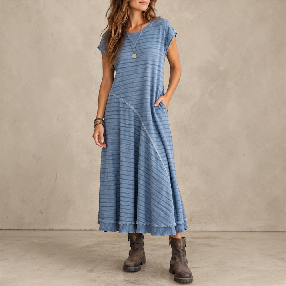 OSKA Stripe Hemp Cotton Short Sleeve Maxi Dress Lagenlook Size 3